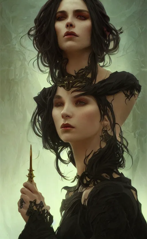 Image similar to portrait of a dark witch, confident, menacing, mysterious, intricate, headshot, highly detailed, digital painting, artstation, concept art, sharp focus, cinematic lighting, illustration, art by artgerm and greg rutkowski, alphonse mucha, cgsociety