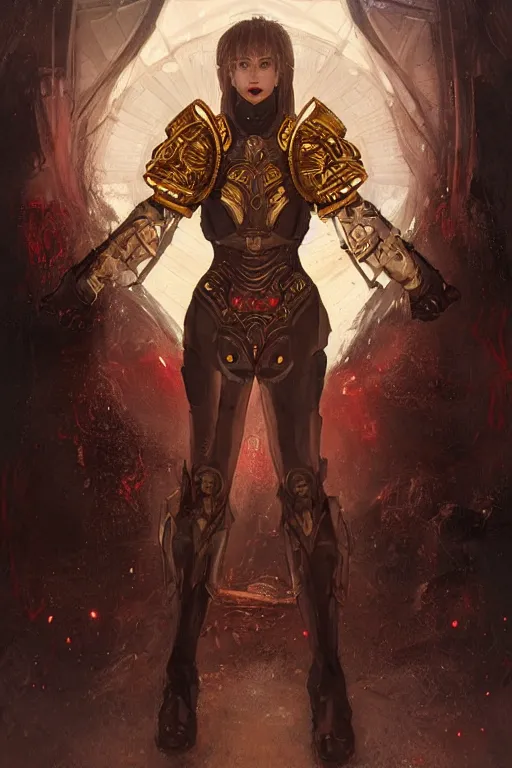 Image similar to portrait knights of Zodiac evilly girl, black and red reflected armor, in ruined Agora of Athens moon night and black magic, ssci-fi, fantasy, intricate, very very beautiful, elegant, golden light, highly detailed, digital painting, artstation, concept art, smooth, sharp focus, illustration, art by tian zi and WLOP and alphonse mucha