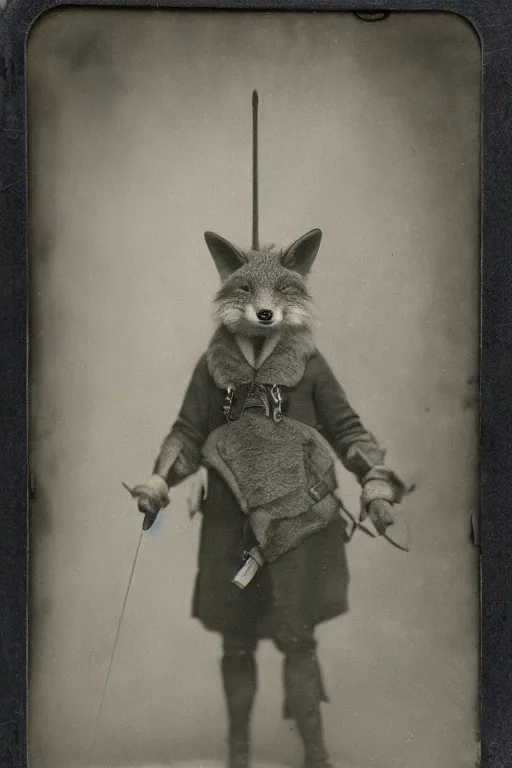 Image similar to a wet plate photo of an anthropomorphic fox dressed as robin hood