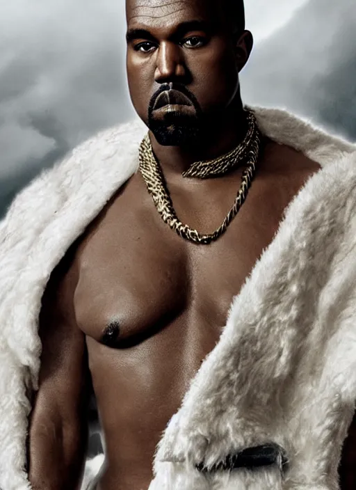 Image similar to kanye west as zeus!!!, god of thunder, greek god, white robe, thunderbolt, in mortal kombat, mythology, fantasy, detailed face, splash art, movie still, cinematic lighting, dramatic, octane render, long lens, shallow depth of field, bokeh, anamorphic lens flare, 8 k, hyper detailed, 3 5 mm film grain