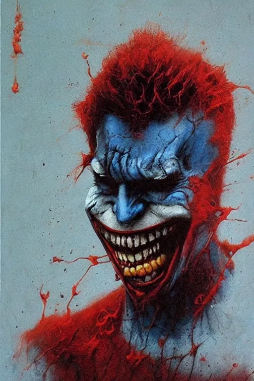 Image similar to Joker, dc comics, dark, painted by Zdislav Beksinski