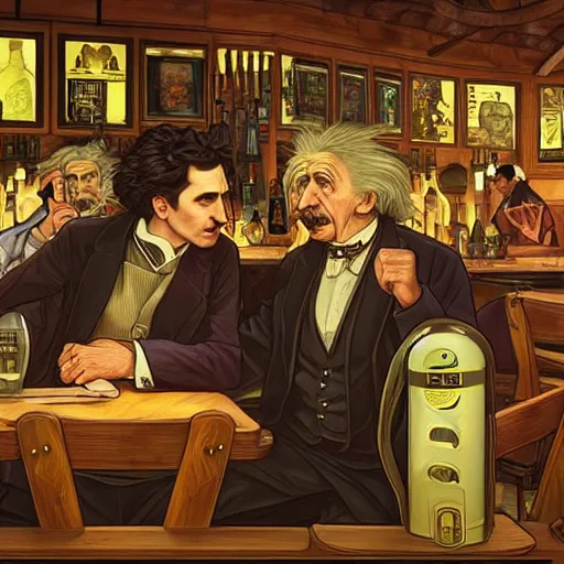 Image similar to Full colour render of albert einstein and nikola tesla drinking convivially in a cosy bierhall. 4K award winning photorealistic concept art. smooth, sharp focus, illustration, cyberpunk, dystopian by artgerm and moebius and alphonse mucha.