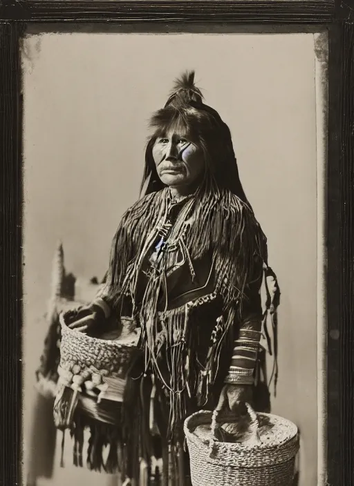 Image similar to Antique portrait of a Navajo woman dressed in traditional attire, posing in front of baskets she weaved, albumen silver print, Smithsonian American Art Museum