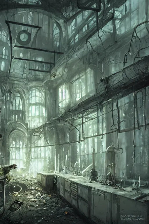 Image similar to Abandoned Laboratory Filled with Acid, digital art by Seb McKinnon, ArtGerm, WLOP, fantasy, magic, RPG, bossfight, darksouls