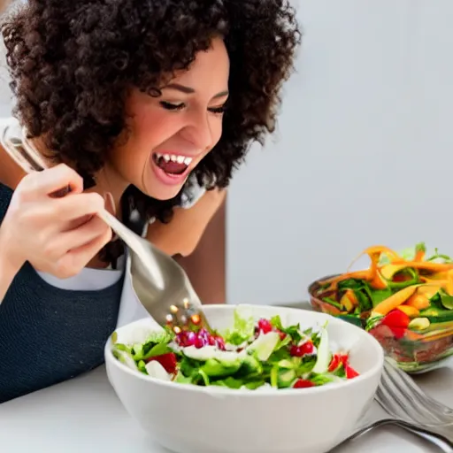 Image similar to Stock photo of woman eating salad with fork and laughing