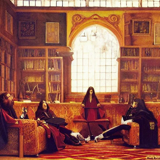 Prompt: gryffindor common room scene, harry potter, gryffindor, by jean - leon gerome, otto pilny, adrien henri tanoux, giulio rosati, orientalism painting - n 6