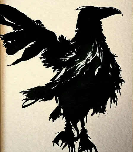 Prompt: Yoji Shinkawa's 'a raven at night', ink and colours on silk, trending on pixiv, zoomed out, monochrome, watercolour