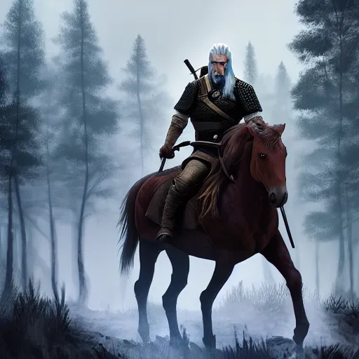 Image similar to Geralt of Rivia riding a horse in forest, 4k, artstation, cgsociety, award-winning, masterpiece, stunning, beautiful, glorious, powerful, fantasy art