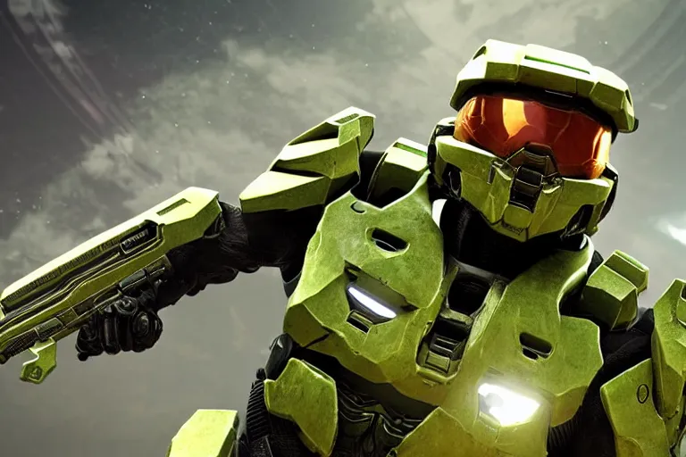 Image similar to halo master chief with a new neon rgb suit, photorealistic, 8 k, cinematic