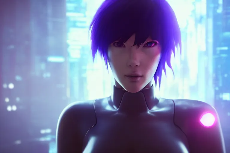 Image similar to cyberpunk ghost in the shell concept inspired motoko kusanagi, futuristic look, highly detailed body, very powerful, photorealistic camera shot, bright studio setting, studio lighting, crisp quality and light reflections, unreal engine 5 quality render