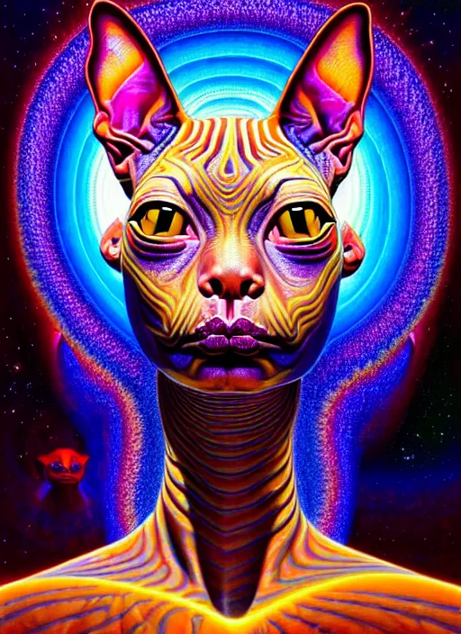 Prompt: realistic detailed image of a friendly figures of dmt sphynx cat goddess in the 5th dimensional toroidal field outer hyperspace, shipibo , by Alex Grey, by Ayami Kojima, Amano, Karol Bak, Greg Hildebrandt, and Mark Brooks. rich deep colors. Beksinski painting, part by Adrian Ghenie and Gerhard Richter. art by Takato Yamamoto. masterpiece