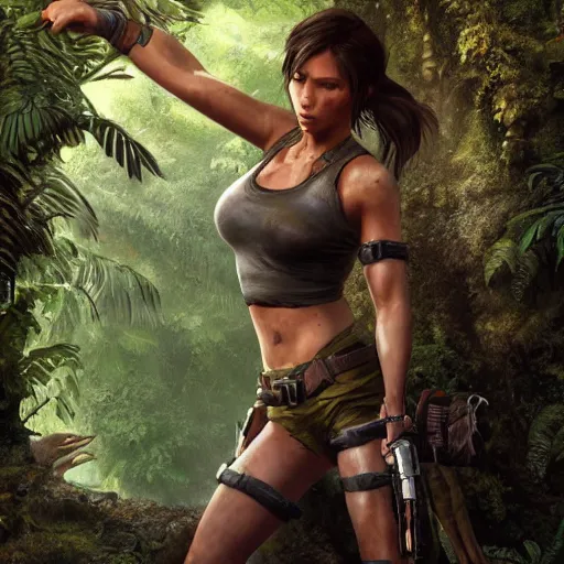 Prompt: lara croft in jungle, au naturel, hyper detailed, digital art, trending in artstation, cinematic lighting, studio quality, smooth render, unreal engine 5 rendered, octane rendered, art style by klimt and nixeu and ian sprigger and wlop and krenz cushart.