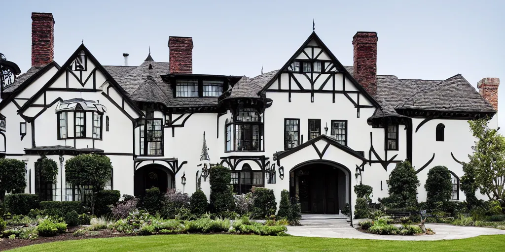 Image similar to stucco tudor with wood and tile white black mansion by mcalpine house, by jackson & leroy architects