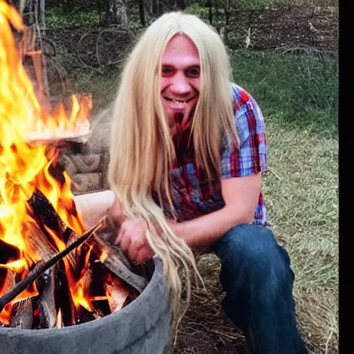 Image similar to photo of hillbilly smiling with long blonde hair around a bonfire, symmetric face