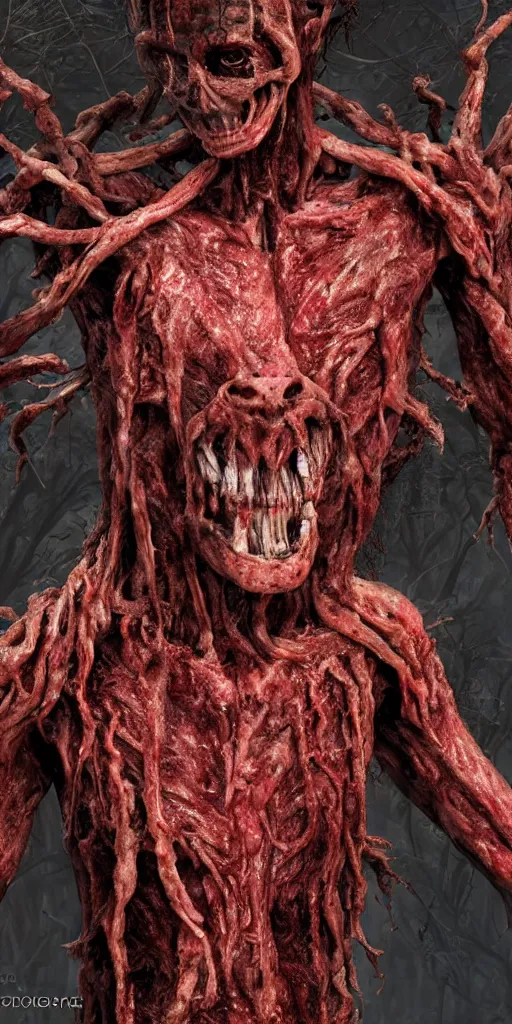 Image similar to photorealistic ultra detailed humanoid creature made of decomposed bloody flesh and bones, the woods, night, extremly detailed, 8 k, realistic, sharp focus, cosmic horror creature, cosmic horror, from the movie the thing, mysterious creature, bloody eyes