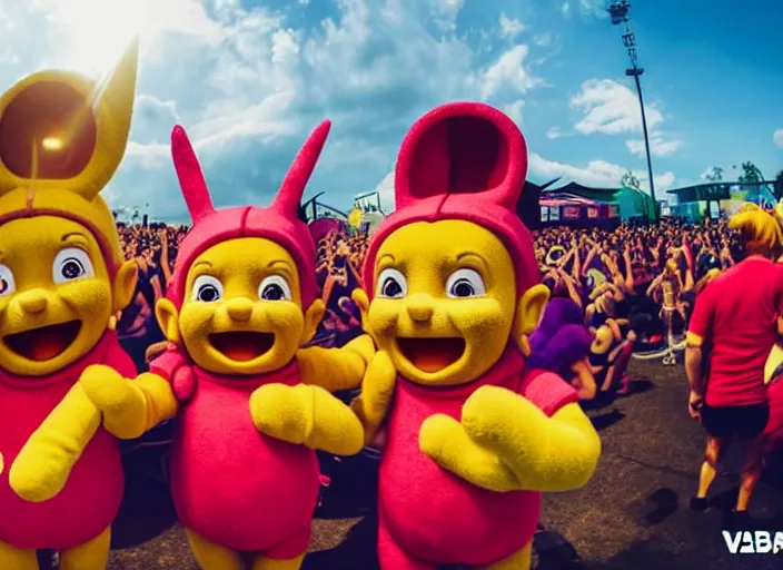 Image similar to photo still the teletubbies at the vans warped tour!!!!!!!! at age 3 6 years old 3 6 years of age!!!!!!!! dancing into the crowd, 8 k, 8 5 mm f 1. 8, studio lighting, rim light, right side key light