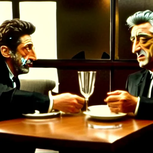 Image similar to movie still of the dinner scene in Heat, rendering of al pacino and robert de niro as old men, cinematic,