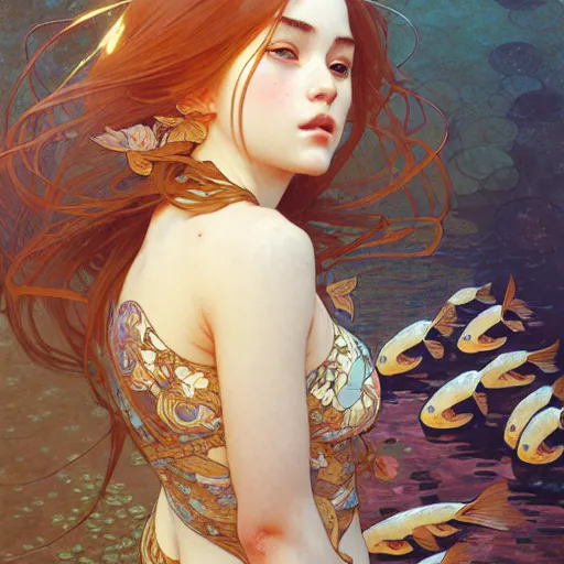 Image similar to Portrait of a girl surrounded by Koi fish, face, fantasy, intricate, elegant, highly detailed, digital painting, artstation, concept art, smooth, sharp focus, illustration, art by Krenz Cushart and Artem Demura and alphonse mucha