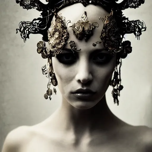 Image similar to a beautiful portrait of female by stefan geselle and nekro borja, photorealistic, intricate details, hyper realistic, dark fantasy, ornate headpiece, dark beauty, photorealistic, canon r 3, photography, wide shot, photography, dark beauty, fashion