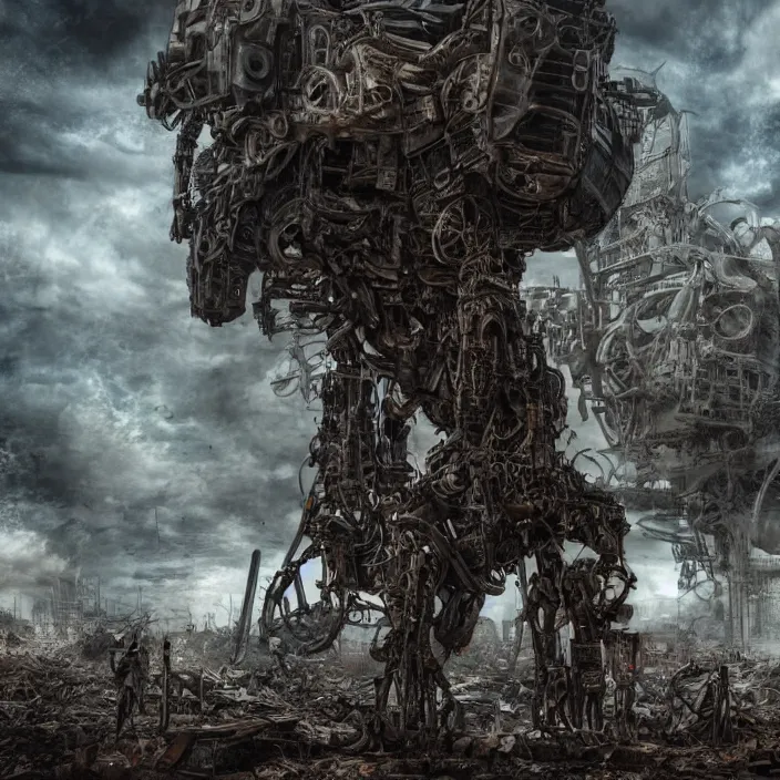 Image similar to gritty apocalyptic human - cyborg standing amongst destroyed machinery, hyper - detailed, sharp focus, 4 k ultra hd, fantasy dark art, apocalyptic art