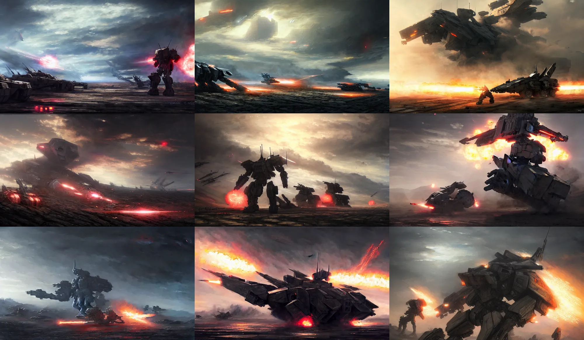 Prompt: an armored core on the ground, booster flares, legs, crossfire, karst landscape, clouds, daylight ; detailed illustrations, pastel tones, deep colors, clear lines, motion blur, by jordan grimme, greg rutkowski