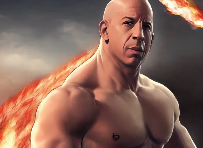 Image similar to landscape, long shot of vin diesel as saitama!!! throwing a car, hyperrealism, trending on artstation