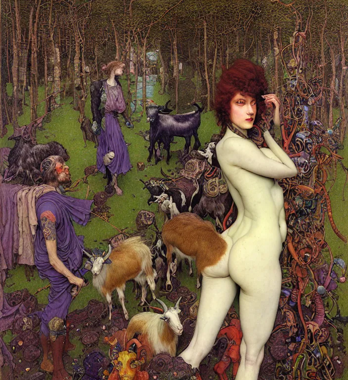 Image similar to pixelated corrupted professional pre-raphaelite defined colours 4k uncropped photo of a punk person in the cyberpunk forest with a goat and a robot by Ivan Bilibin, Austin Osman Spare, Norman Rockwell, high quality, ultra detailed. Beksinski painting, part by Adrian Ghenie and Gerhard Richter. art by Takato Yamamoto. masterpiece, oil on canvas painting, pixelart, vivid acid neon colours.