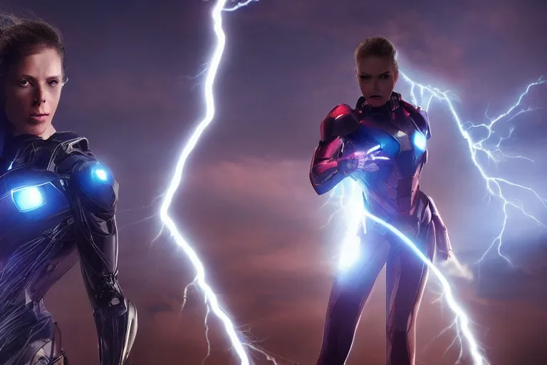 Image similar to vfx marvel sci-fi woman super hero cyborg photo real full body action pose, volumetric lightning, highly detailed, cinematic lighting by Emmanuel Lubezki