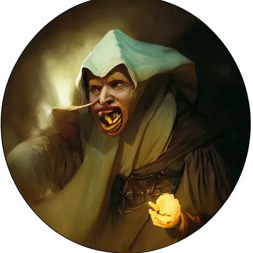 Image similar to small pale cowardly man wearing dark cloak, portrait, funny artwork, scared smile, close shot, round face, fantasy artwork, dnd, by karl spitzweg, whimsical