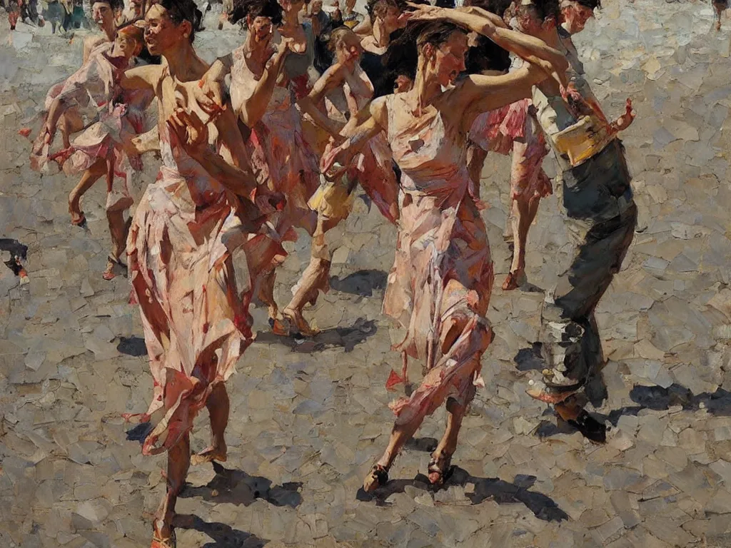 Prompt: tall woman dancing, heatwave, Denis sarazhin, oil on canvas