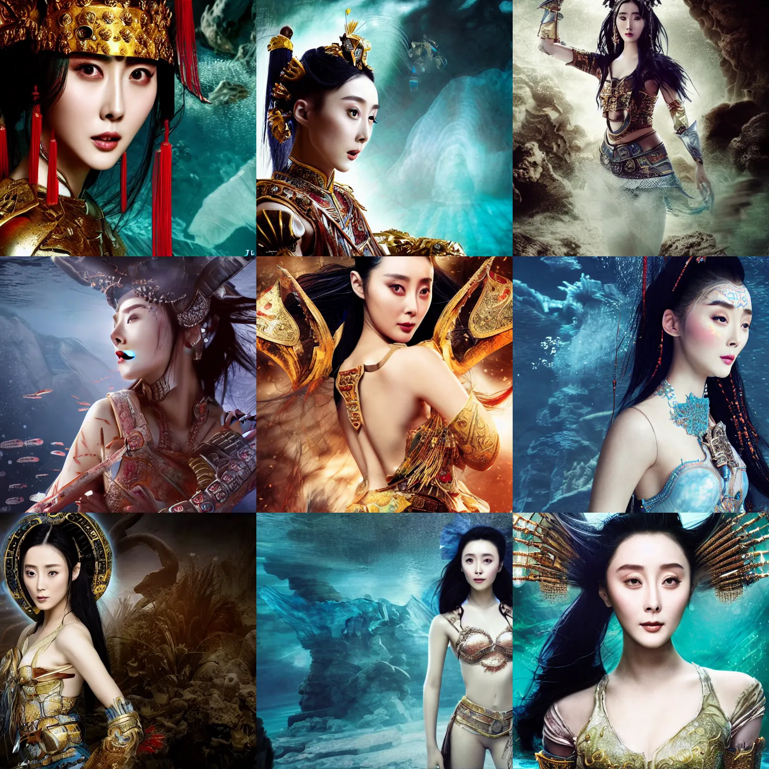 Prompt: fan bingbing as a chinese warrior princess underwater in the ruins of atlantis, underwarter lighting, styling by Tom Eerebout & Sandra Amador, clear makeup, clean hair, dry skin, clear skin, airbrushed, bright eye makeup, warrior body, photo by mario testino, 8k octane render, cinematic, hyper detailed, micro details, insanely detailed, trending on artstation, concept art