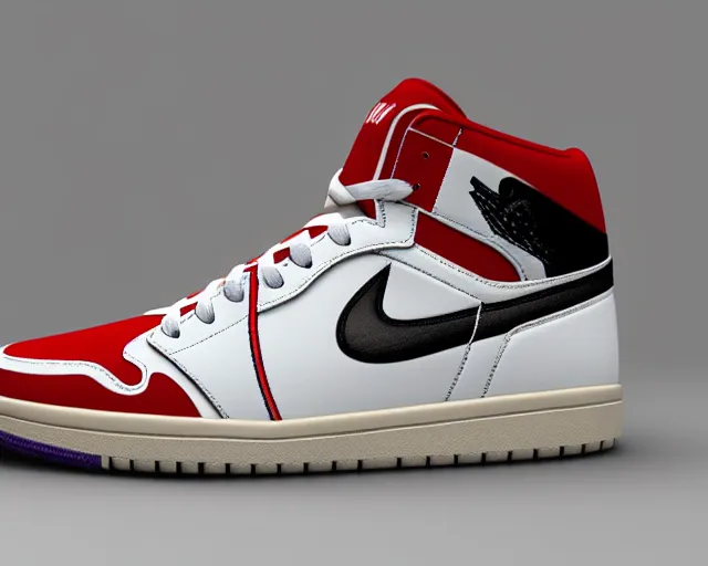 Prompt: 3D render of mid height air jordan sneakers the joker design, cinematic, studio lighting, award winning, highly detailed