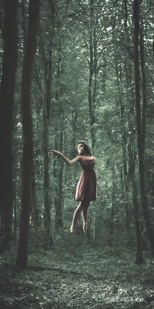 Image similar to old film photo of a young girl floating in the air in a forest, magical dark and spooky, flash photography, young face