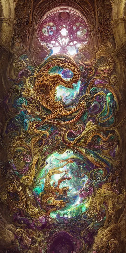 Image similar to enormous colorful psyhedelic Ouroboros floating around inside an ancient mage castle hall colossal scale, gothic and baroque, brutalist architecture, ultradetailed, intricate details by Ellen Jewett and Ayami Kojima