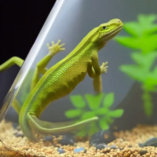 Image similar to mark zuckerberg / gecko sitting inside a terrarium