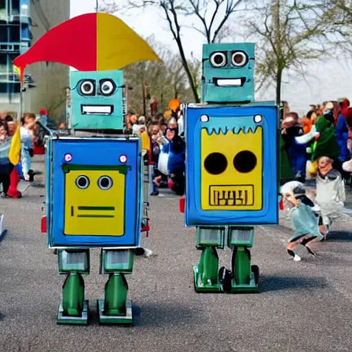 Image similar to robot parade, robots obey what the children say, wave the flag that the robot made