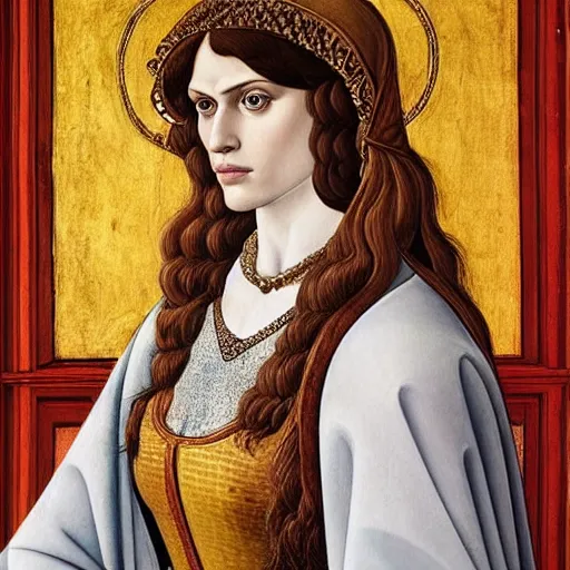 Prompt: alexandra daddario as joan of ark, elegant portrait by sandro botticelli, detailed, symmetrical, intricate