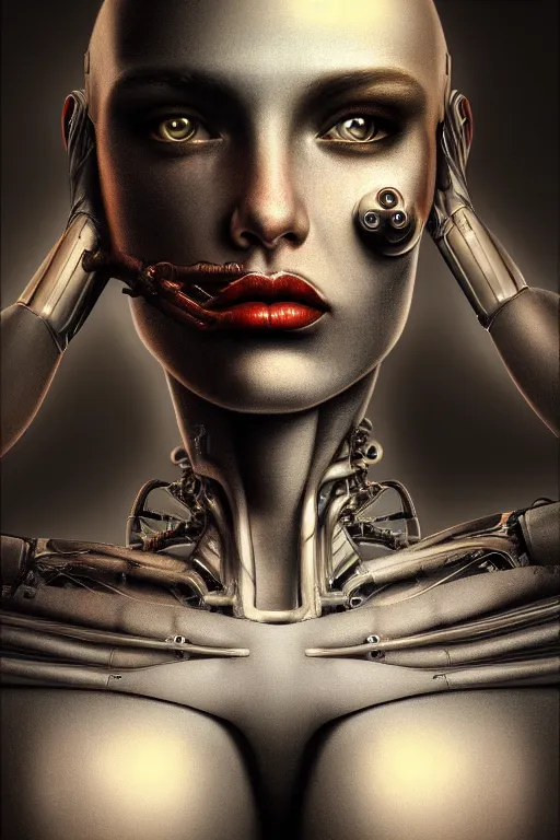 Prompt: artistic portrait of a female cyborg, wearing organic lingerie, perfect fit body, beautiful eyes and lips, art by giger, highly detailed, 8 k, cinematic, mist, digital painting, sharp focus, illustration, masterpiece