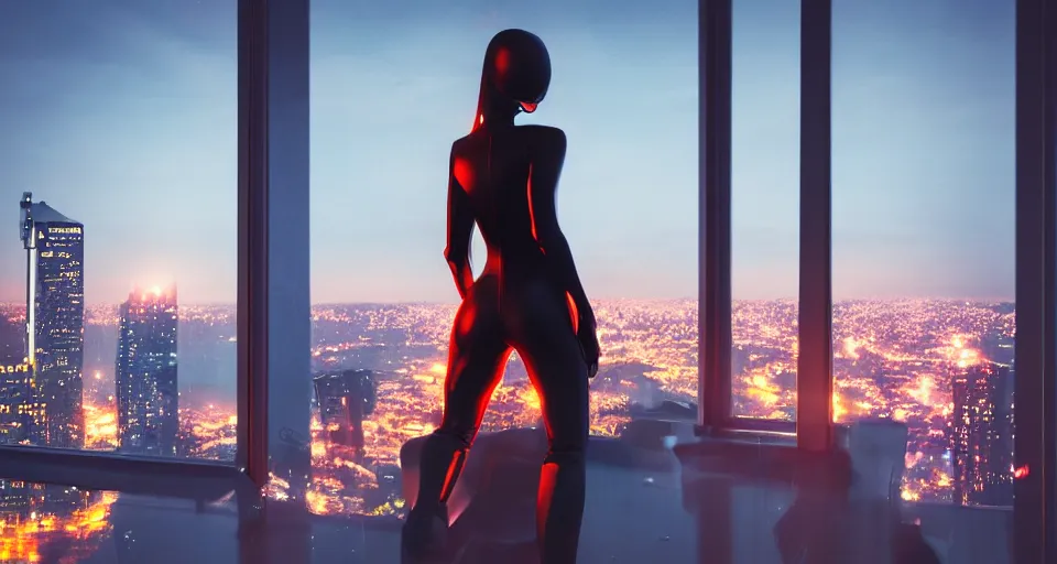 Prompt: back of woman dressed in sleek futuristic fashion looking out a penthouse window at a panoramic view of a cyberpunk city at night, bokeh lights, anime, ilya kuvshnikov, guweiz