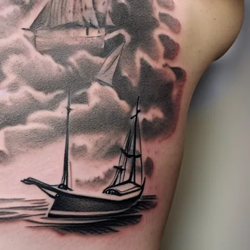 Image similar to A ship on a deserted island, realism tattoo design on white background