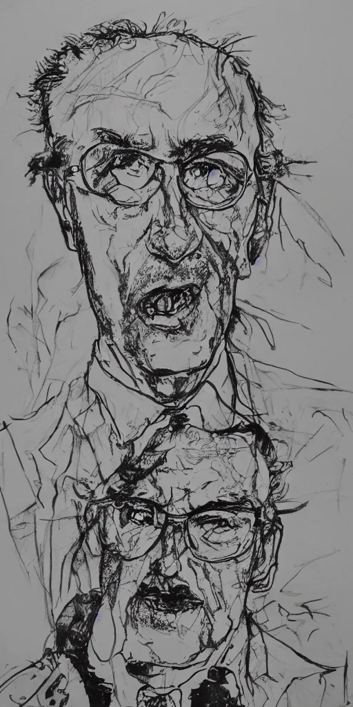 Image similar to a loose wild messy ink sketch portrait of a self portrait in the style of ralph steadman, caricature, dramatic