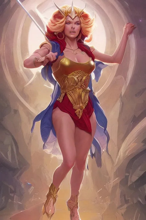 Image similar to ultra realistic illustration, kay parker as she - ra, sci - fi, fantasy, intricate, elegant, highly detailed, digital painting, artstation, concept art, smooth, sharp focus, illustration, art by artgerm and greg rutkowski and alphonse mucha