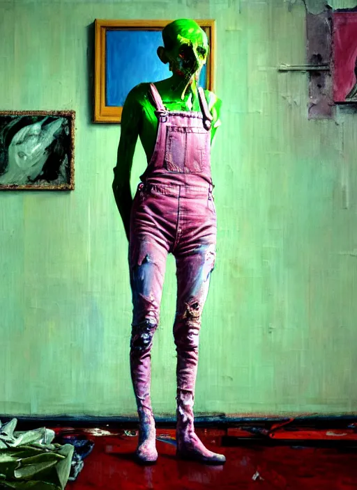 Prompt: an insane, skinny, artist wearing dirty, torn overalls, expressive painting the walls inside a grand messy studio, depth of field, hauntingly surreal, highly detailed painting by francis bacon, edward hopper, adrian ghenie, glenn brown, soft light 4 k in pink, green and blue colour palette, highly detailed, cinematic composition, unreal engine render,