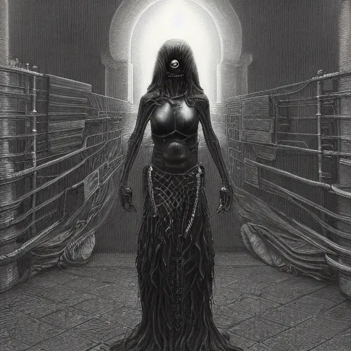 Prompt: a hyperrealistic painting of a beautiful female cyberpunk goddess, standing at the gates of hell, by john kenn mortensen, highly detailed,
