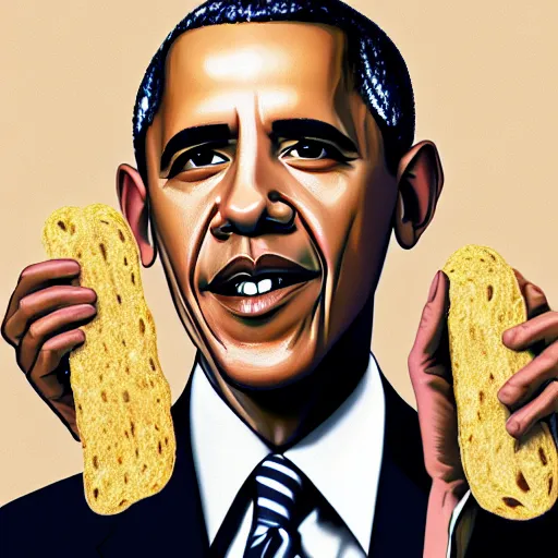 Prompt: Obama holding a noodle sandwich, realistic portrait