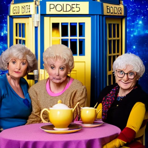 Prompt: Golden Girls inside the Tardis having a proper tea, promotional photo, sigma 55mm/f4.8, studio lighting.