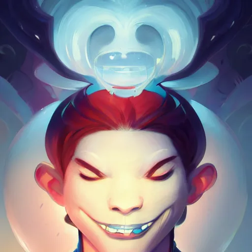 Image similar to a portrait of a cinematic still of the happy mask salesman, art by lois van baarle and loish and ross tran and rossdraws and sam yang and samdoesarts and artgerm and saruei and takaya imamura, digital art, highly detailed, intricate, sharp focus, trending on artstation hq, deviantart, unreal engine 5, 4 k uhd image