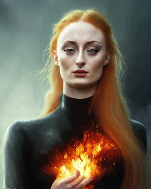 Prompt: Sophie Turner in an elegant black silk dress casting a fire spell, fire reflection in eyes, extreme close-up, deep focus, D&D, fantasy, intricate, elegant, highly detailed, digital painting, artstation, concept art, matte, sharp focus, illustration, hearthstone, art by Artgerm and Greg Rutkowski and Alphonse Mucha