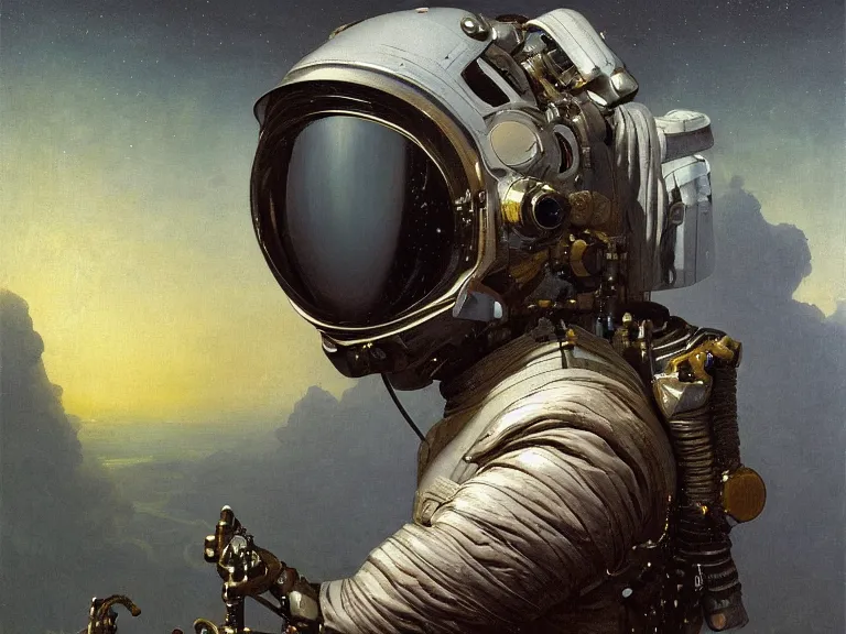 Image similar to a detailed profile oil painting of an explorer in a spacesuit with reflective helmet, flight suit, portrait symmetrical and science fiction theme with aurora lighting by beksinski carl spitzweg and tuomas korpi. baroque elements, full-length view. baroque element. intricate artwork by caravaggio. Trending on artstation. 8k