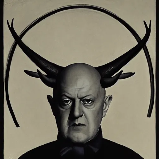 Image similar to Aleister Crowley with horns and hooves by Raphael, Hopper, and Rene Magritte. detailed, romantic, enchanting, trending on artstation